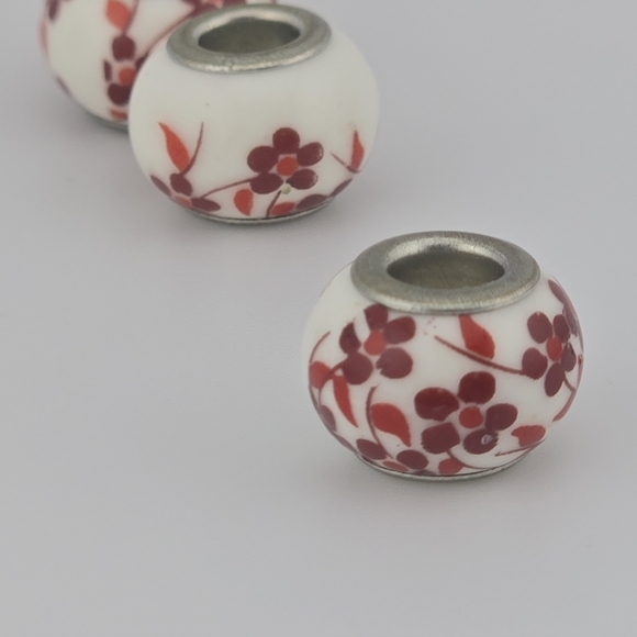 Lot of 6 Lampwork Murano Glass Beads Floral Swirl Pink White Charm Silver Cores - Picture 4 of 8